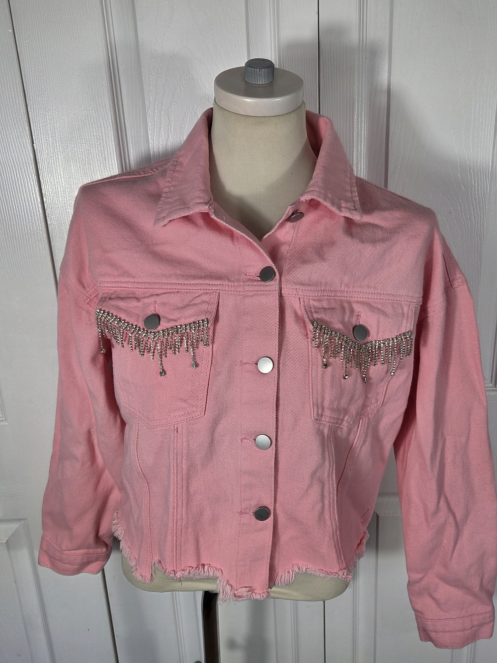 Savanna Jane Womens S Pink Denim Jacket Rhinestone Fringe Western Cowgirl